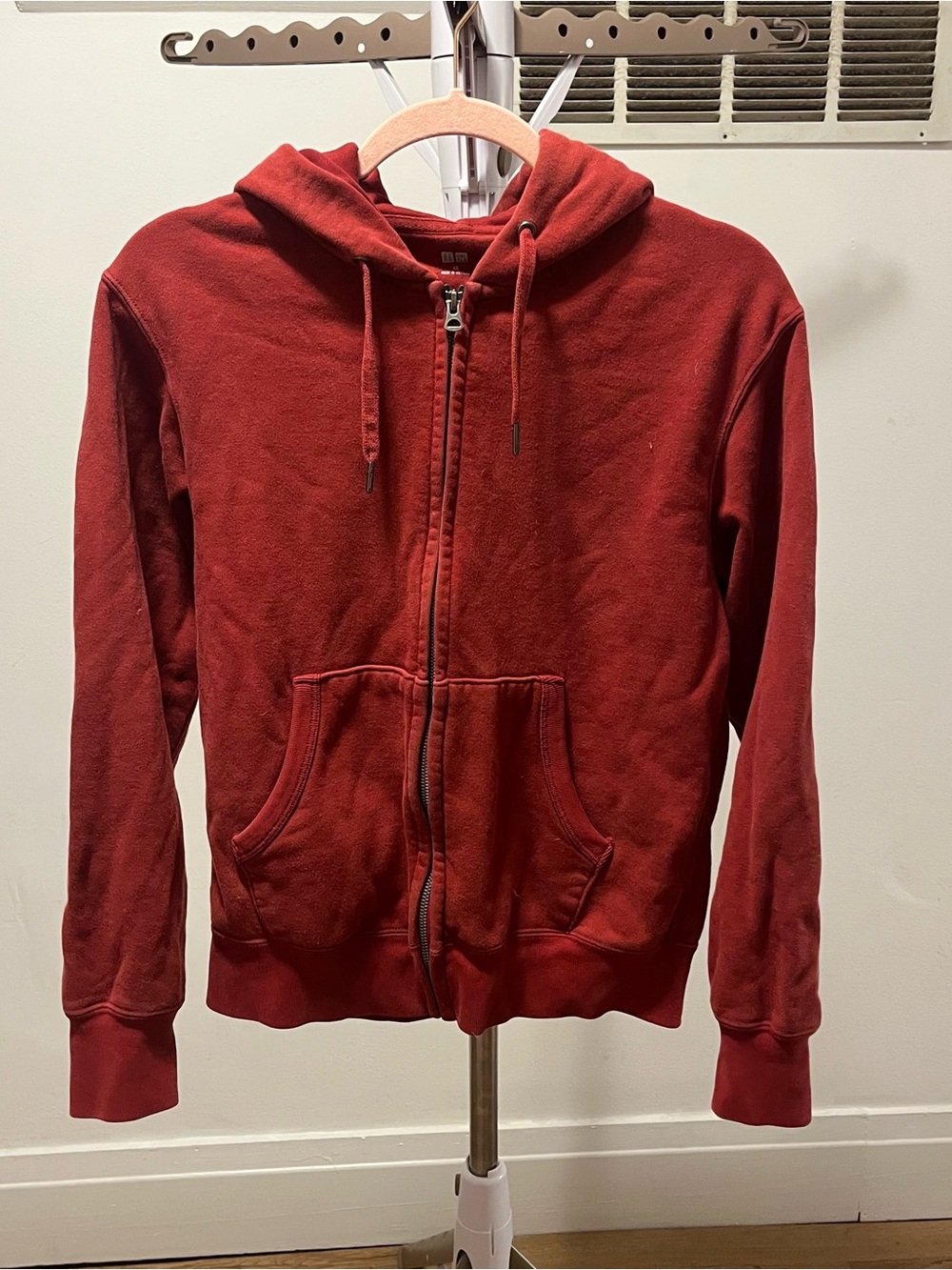 Uniqlo Red Zip-Up Hoodie with Drawstring Hood XS POCKETS